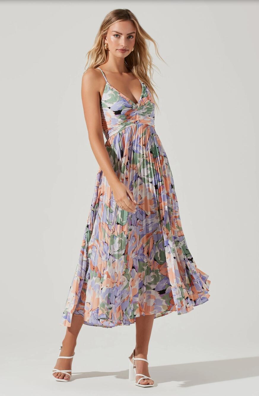 ASTR The Label Blythe Floral Plisse Midi Dress Coral Multi XL